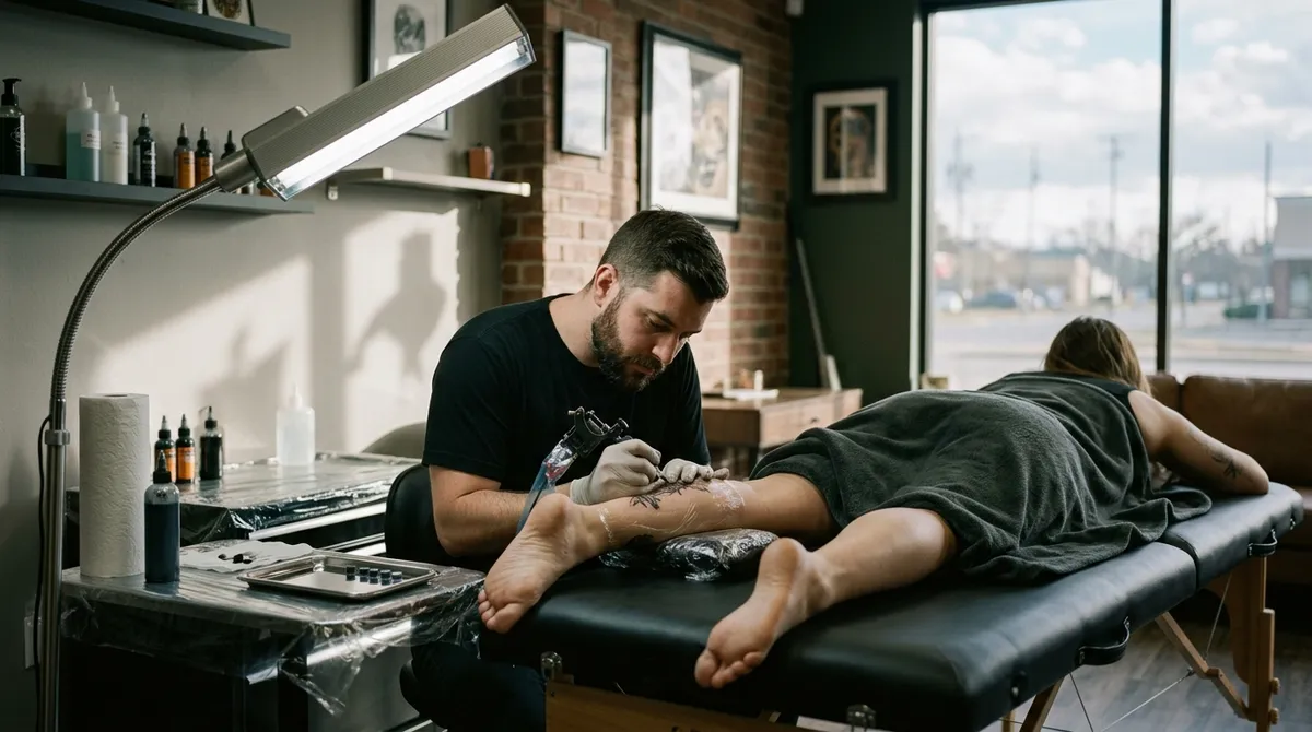 Tatoueur au travail sur un client dans son salon